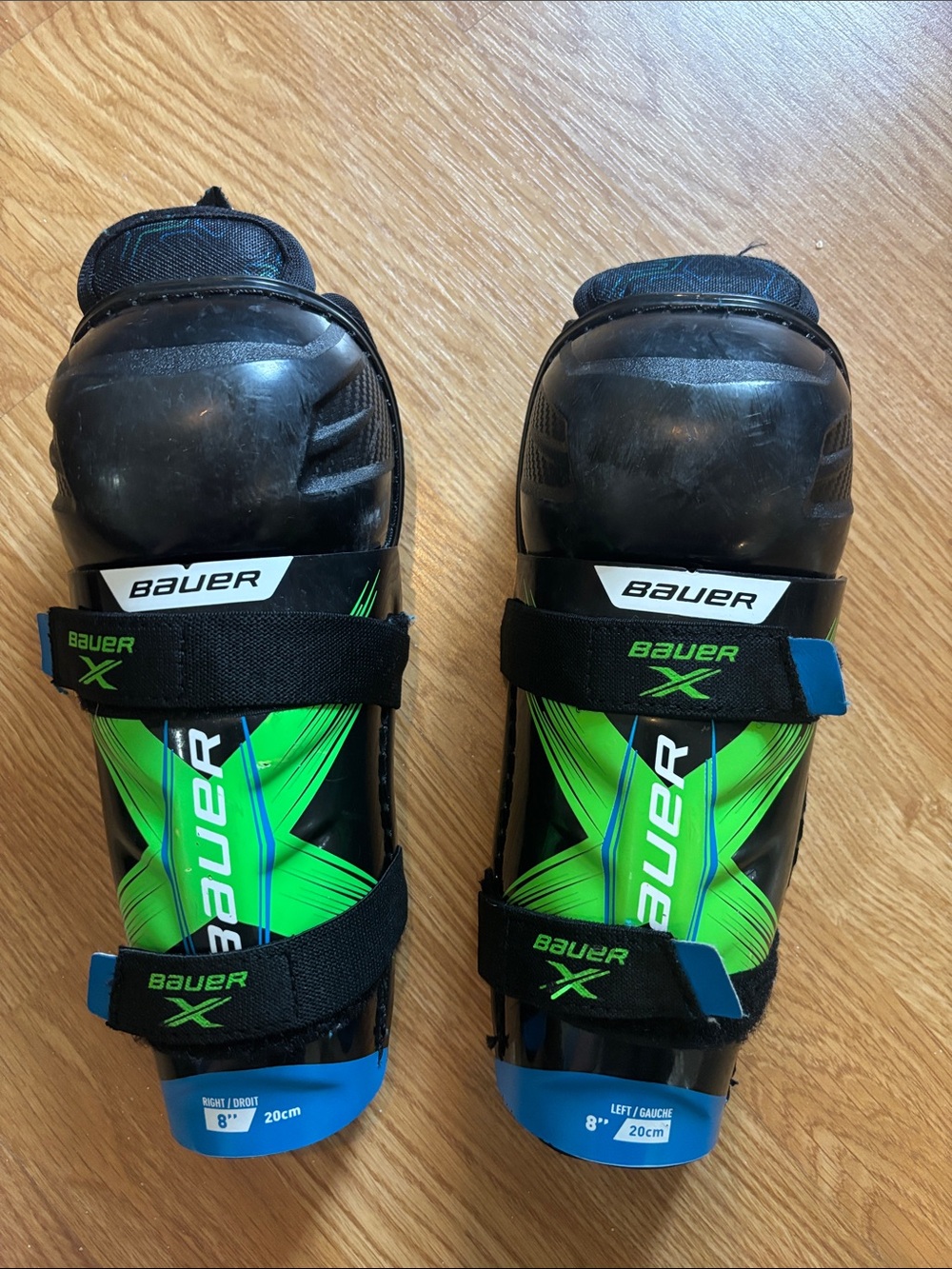Bauer Black Shin Guards with Green & Blue Accents 8” youth